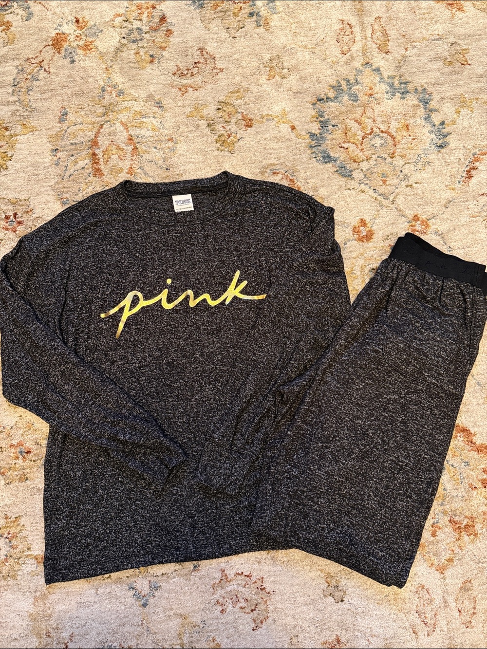 PINK Victoria's Secret Kids Black Heather Pajama Set with Yellow Script